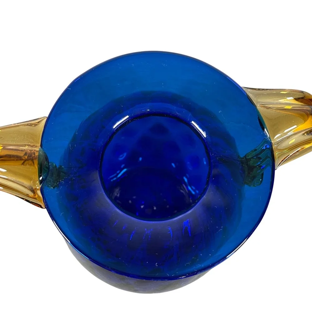 Blenko Cobalt Blue Optic Honeycomb Pitcher Amber Handles 9.5